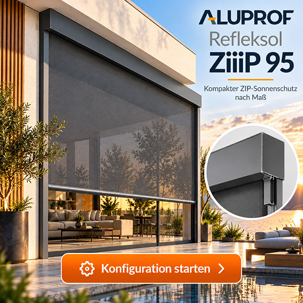 Aluprof Refleksol R95 ZiiiP – kompakte windstabile ZIP-Senkrechtmarkise nach Maß