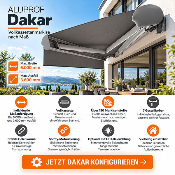 ALUPROF Dakar Vollkassettenmarkise nach Maß für Terrasse und Balkon